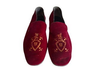 Evans Smoking Slippers Burgundy Red Velvet Custom Grade Crest Loafers
