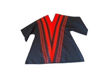Vintage 80s Milbank Red & Black Chevron V-Neck Poncho Acrylic Blend One Size
