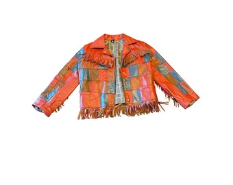 Vintage Leather Child Jacket Multicolor Patchwork Fringe Western Boho Lined 8