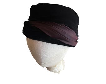 Vintage Pillbox Hat Black Velvet Burgundy Satin Draped Union Made Retro 50s 60s