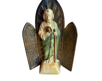 D.C. Overbach St. Jude Figurine Gold Brass Triptych Shrine Vintage Religious Art