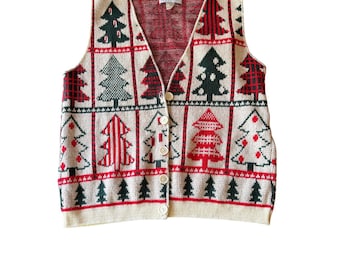 Cabin Creek Knit Vest Red Green Christmas Tree Button Front Holiday V-Neck