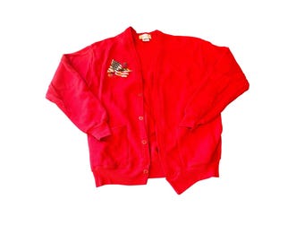 P.S. Originals Cardigan Red Americana Puff Print Fleece Button Front Made in USA