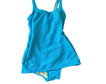Vintage Swim Dress Turquoise Blue Textured Crinkle Scoop Neck Vintage Style