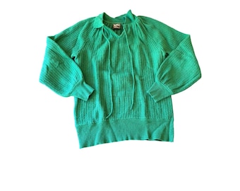 Kickers Sweater Green Lambswool Blend Vintage Ribbed Tie Neck Balloon Sleeve L