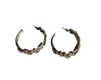 Vintage Silver & Gold-Tone Hoop Earrings With Intricate Wire Wrap Design