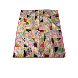 Handmade Quilt Multicolor Silk Satin Crazy Quilt Hand Embroidered Fans