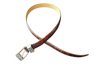 Brighton Belt Brown Croco Embossed Leather 34 Ornate Silver Buckle Western 44808