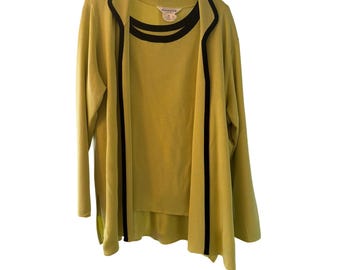 Misook Knit Set Chartreuse Green Black Trim Cardigan Shell 2X Plus Size Luxury