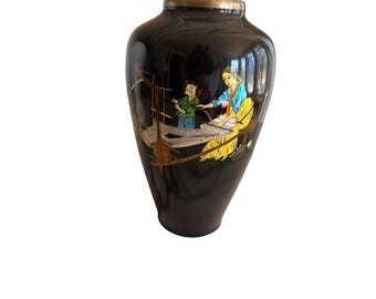 Vintage Korean Brass Vase Black Enamel Hand Painted Weaving Scene Traditional