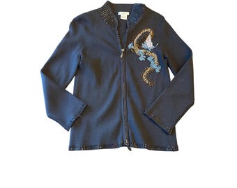 Cache Cardigan Black Silk Blend Beaded Dragon Mock Neck Full Zip Ribbed Small