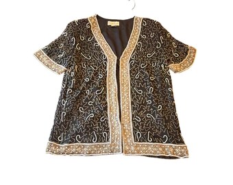 Lawrence Kozar Beaded Silk Evening Jacket Black Gold Metallic Embellished XL