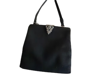 Vintage Handbag Black Art Deco Clasp Top Handle Evening Bag Kiss Lock Pouch