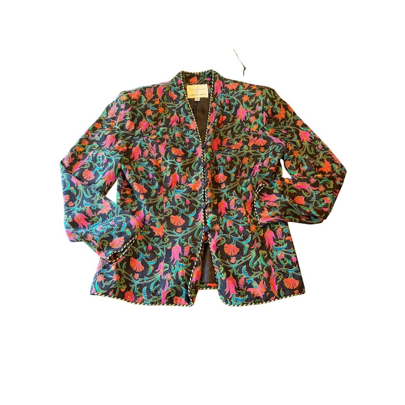 Adrianna Papell Blazer Black Silk Floral Paisley Safe Silk Gold Trim Size 12 image 1