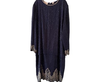 Laurence Kazar Dress Navy Blue Beaded Silk Evening Gown Scalloped Hem Plus 3X
