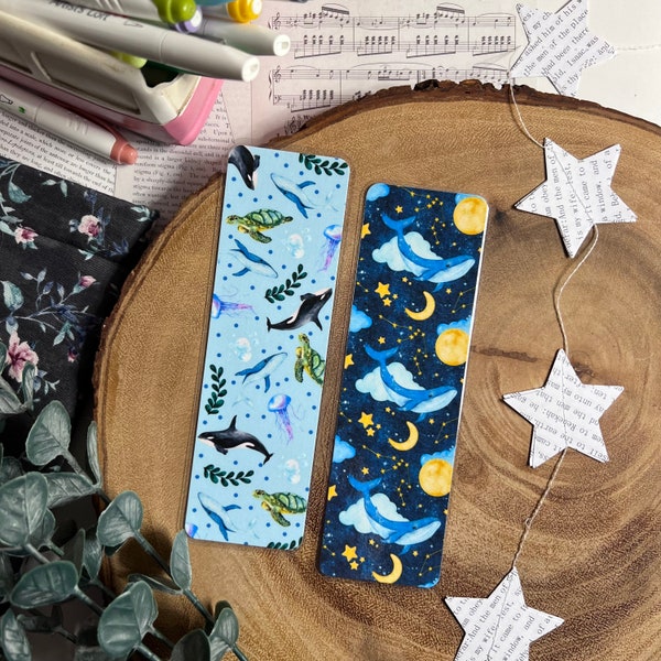 Ocean Life Whales Bookmark, Gift For Book Lovers, Personalized Bookmark, Cute Laminated Bookmark, Handmade Set of Bookmarks, Blue Water Art