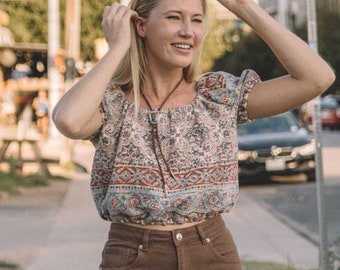 Upcycled Gathered, Cropped Scoop Neck Blouse