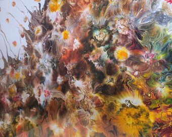 Arte abstracto - Explosión floral - Pintura acrílica enmarcada - Decoración del hogar - Una de una pieza única