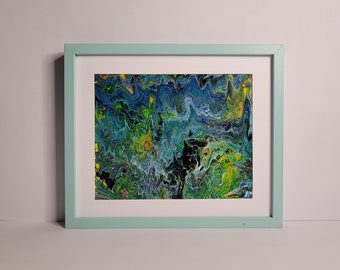 Pintura acrílica abstracta: azul, verde y amarillo - Arte mural enmarcado