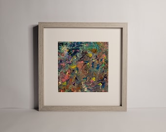 Pintura acrílica abstracta de arcoíris: estilo Jackson Pollock, lienzo enmarcado.