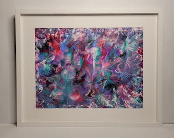 Campos de flora: Pintura acrílica abstracta enmarcada, rosa, azul y verde