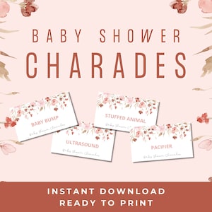 Charadas De Baby Shower, Charadas De Bebé Florales Rosas, Charadas, Baby Shower Rosa, Charadas Imprimibles, Baby Shower Imprimible, Juegos De Baby Shower