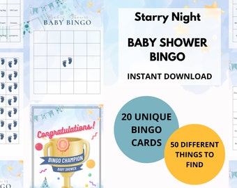 DIY Baby Shower Bingo Game - Blue Theme, 20 Prefilled Bingo Cards, Fun Baby Shower Activity
