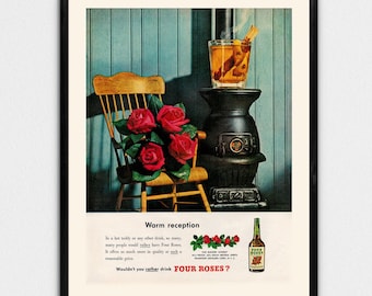 Mid-Century WHISKEY AD, Four Roses Retro Poster, Retro Bar Cart Print, Vintage Whiskey Poster Download, 1950s Cocktail Drink Art
