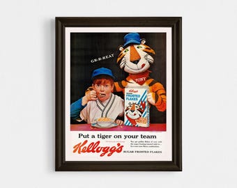 NOSTALGIC CEREAL AD, Retro Kitchen Wall Print, 1962 Tiger Ad, Retro Mid-Century Advertisement, 1960s Kitchen Decor Ideas, Breakfast Poster