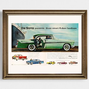May include: Framed vintage advertisement for De Soto cars. The ad features a green and white 4-door hardtop car with people entering the vehicle. The text reads "De Soto presents three smart 4-door hardtops". Several other car models are shown below.