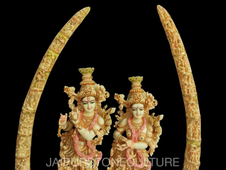 Big Large Radha Krishna Statue With Tusk Marble Dust, Hand Painted Lord