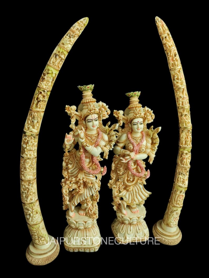 Big Large Radha Krishna Statue With Tusk Marble Dust, Hand Painted Lord