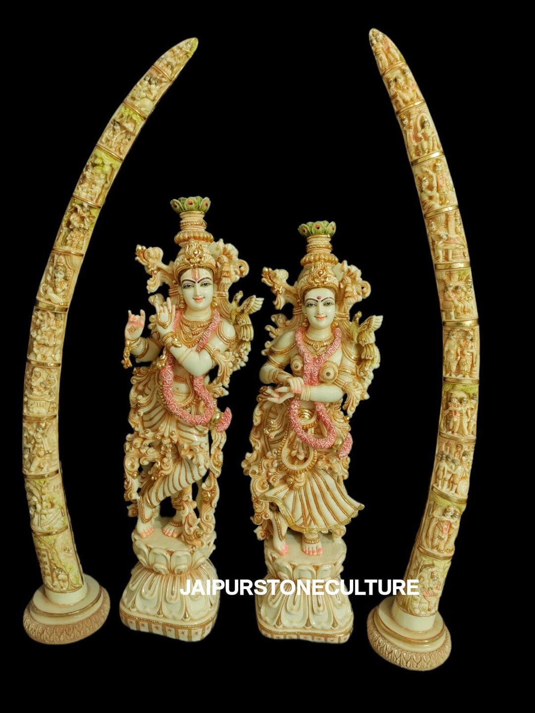 Big Large Radha Krishna Statue With Tusk Marble Dust, Hand Painted Lord