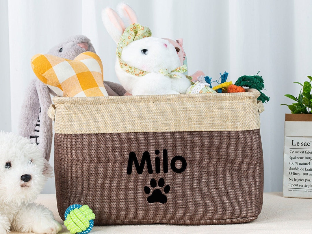 Personalized Dog Toy Basket, Custom Dog Toy Storage, Burlap Dog Toy Basket, Foldable Pet Toy