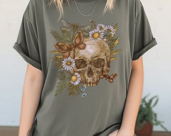 Mystic Skull Comfort Colors T-shirt, Retro Wildflowers, Butterflies