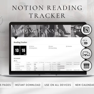 Könnte beinhalten: Ein Laptop-Bildschirm mit einer digitalen Notion Reading Tracker-Vorlage. Die Benutzeroberfläche zeigt eine Reading Planner-Überschrift, eine Digitaluhr, eine Aufgabenliste und eine Bücherregal-Tabelle mit Spalten für Buchtitel und Autoren.