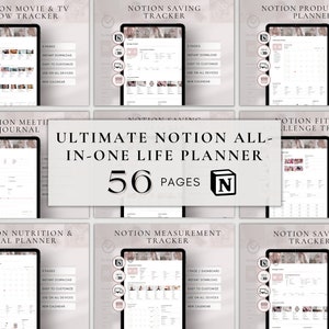 May include: A digital Notion all-in-one life planner template featuring 56 pages. The display shows various trackers including movie and TV show, saving, productivity, meeting journal, fitness challenge, nutrition and meal, and measurement trackers.