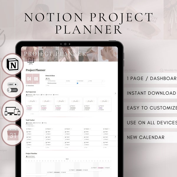 Digital Project Tracker Template for Notion | Project Management Notion Template | Productivity Planner 2024| Personal Business Project Plan