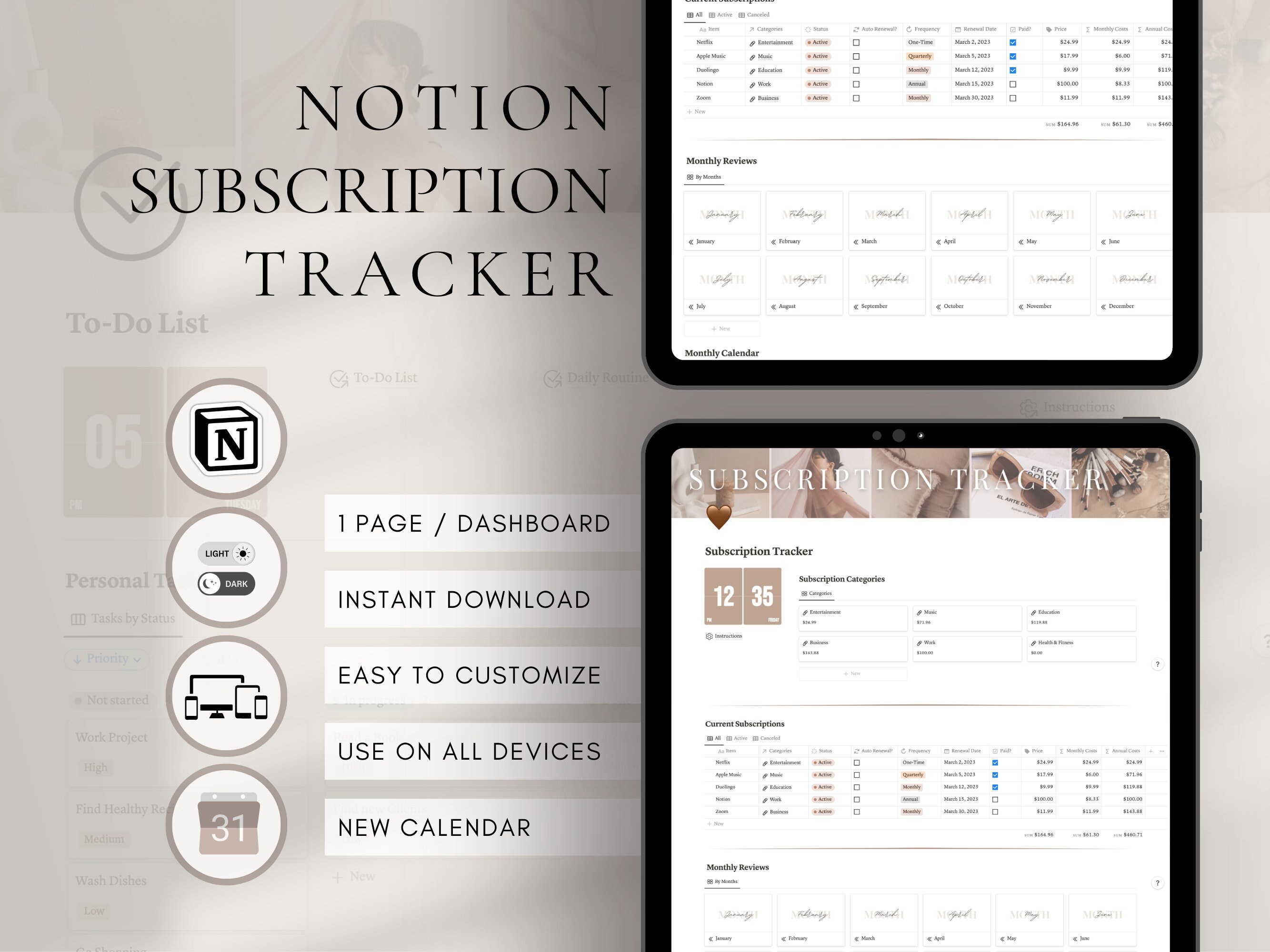 Simple Subscription Tracker Template | Aesthetic Notion Financial Dashboard | Monthly Yearly Subscription Tracker| Automated Budget Template