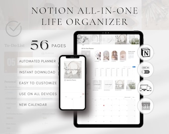 Notion alles-in-één levensplanner | Digitale welzijns- en productiviteitstracker (digitale download)