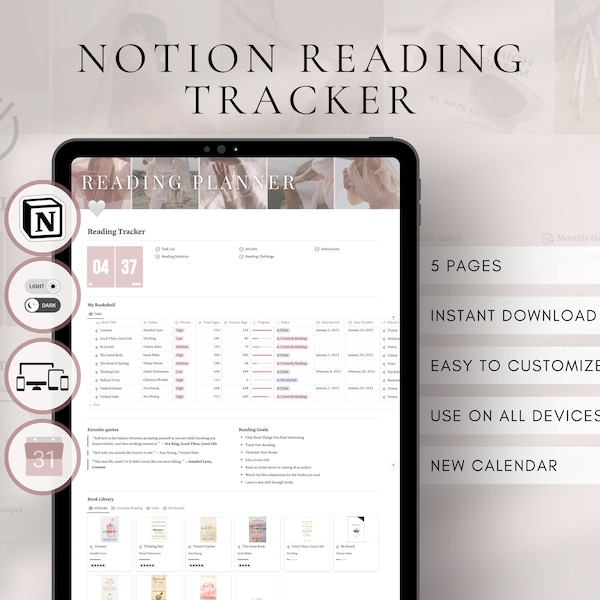 Digital Reading Tracker Template for Notion | Book Tracker Notion Template | Reading Goals 2024 | Reading Journal | Notion Reading Challenge