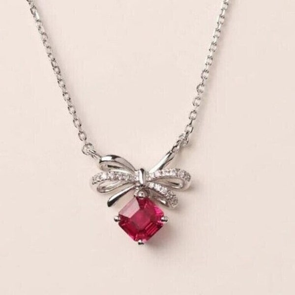 Bow Tie Diamond Necklace, Pink Ruby Dainty Necklace With Chain, 14K White Gold, 1.8 Ct Cushion Cut Ruby, Party Wear Necklace, Women's Gifts