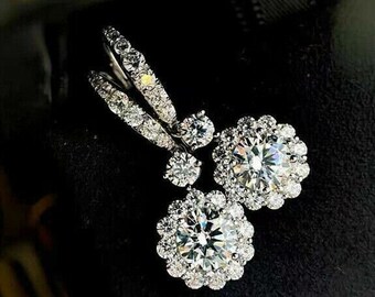 Drop Dangle Diamond Earrings, Dangle Halo Earrings, 3.1 Ct Diamond, 14k White Gold, Lever Back Wedding Earrings, Dangle Personalized Gifts