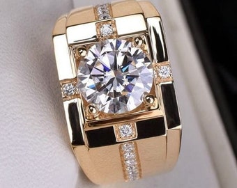 Men's Diamond Ring, 1.4 Ct Round Diamond, Men's Engagement Ring, 14K Yellow Gold Plated, Men's Wedding Ring, Men's Expensive Ring, Mens Gift