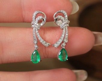 Bridal's Gift, Wedding Gift Earrings, Drop Dangle Earrings, Bow Tie Diamond Earrings, Women's Earring, 2Ct Simulated Emerald, 14K White Gold