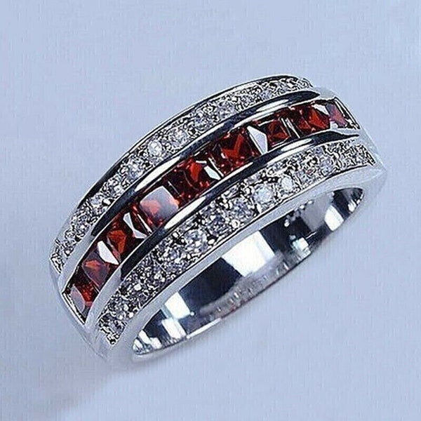 Men's Red Ruby Ring, Designer Engagement Ring, 2.4 Ct Princess Ruby, 14k White Gold, Men's Wedding Ring, Men's Diamond Ring, Gifts For Him