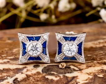 Wedding Earrings, Silver Diamond Earrings, Women's Earrings, 1.8Ct Simulated Sapphire, 14K White Gold, Stud Earrings, Daily Wear Earrings