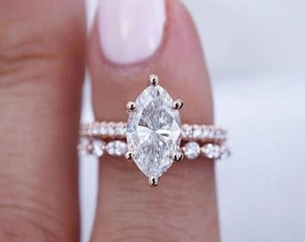 Diamante de talla marquesa de 1,7 ct, anillo de conjunto nupcial, regalo para mamá, anillo de bodas, oro blanco de 14 k, anillo de compromiso, regalo para ella, anillo de aniversario