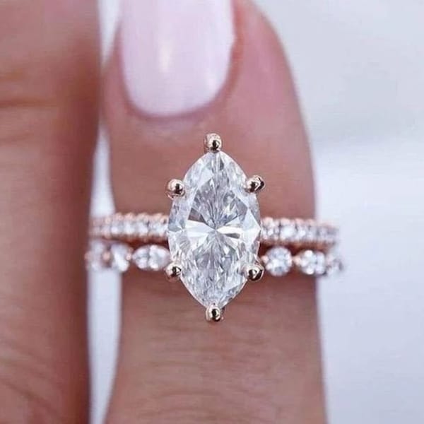 1.7 Ct Marquise Cut Diamond, Bridal Set Ring, Gift For Mom, Wedding Ring, 14K White Gold, Engagement Ring, Gift For Her, Anniversary Ring