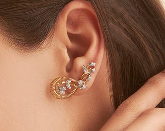 Women's Earring, Bridal's Gift, Wedding Gift Earrings, Drop Dangle Earrings, Peacock Shape Earrings, 2Ct Simulated Diamond, 14K Yellow Gold